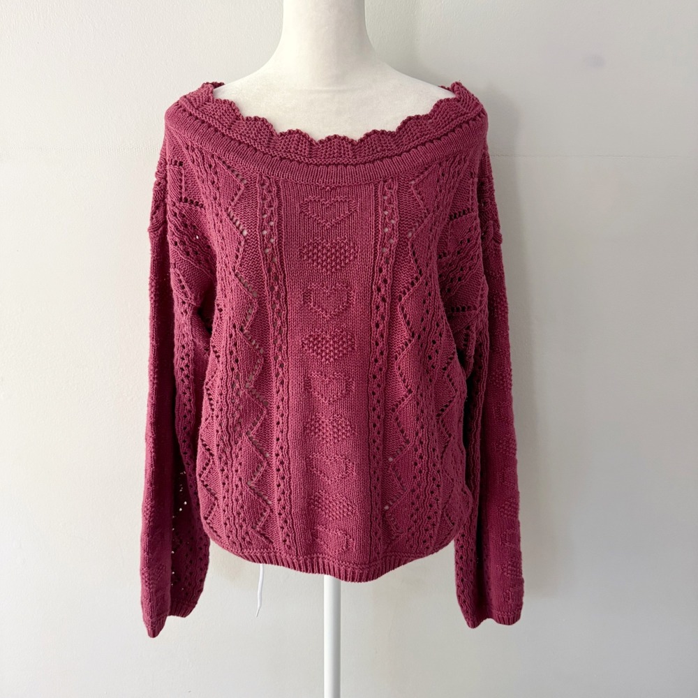 Vintage Sweater Women M Heart Pointelle Knit Scallop Neck Coquette Boho Cottage